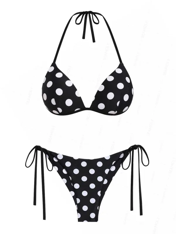 Seamolly Polka Dot Print Triangle Push Up Top & Cheeky Brazilian Bottom Bikini Set made by Seamolly