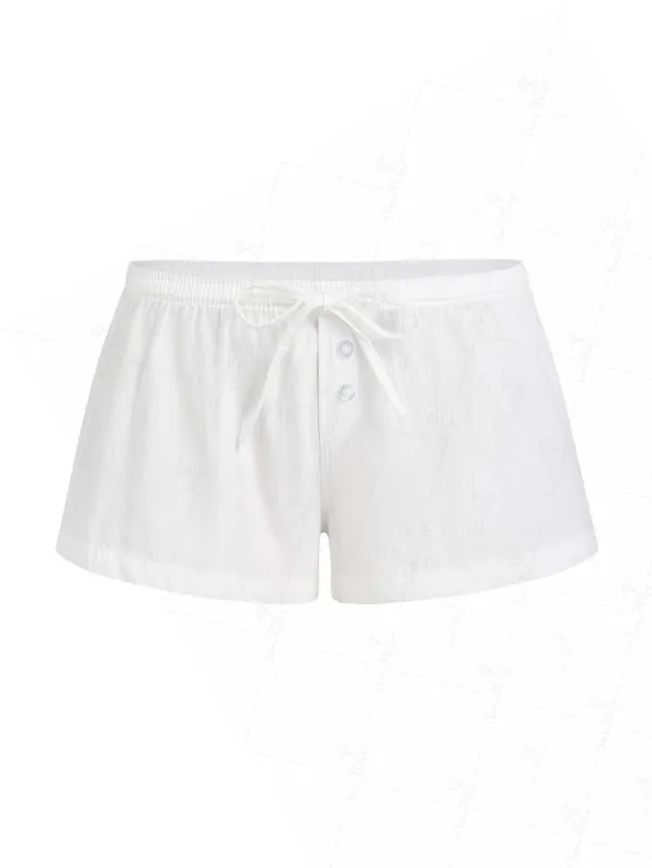 White Solid Color Buttons Decor Low Rise Drawstring Hot Shorts made by Seamolly