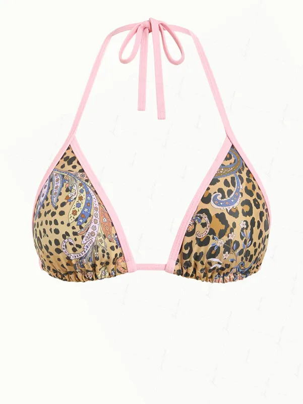 Brown Leopard Paisley Print Contrast Binding Triangle Bikini Top made by Seamolly