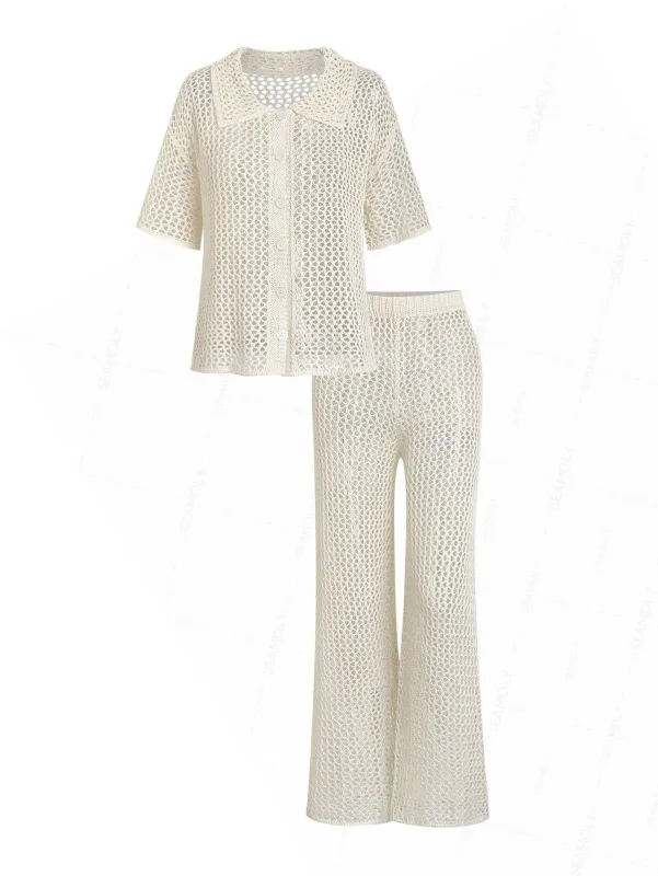 Crochet Hollow Out Short Sleeve Shirt And Pants Beach Cover Up Two Piece Set made by Seamolly