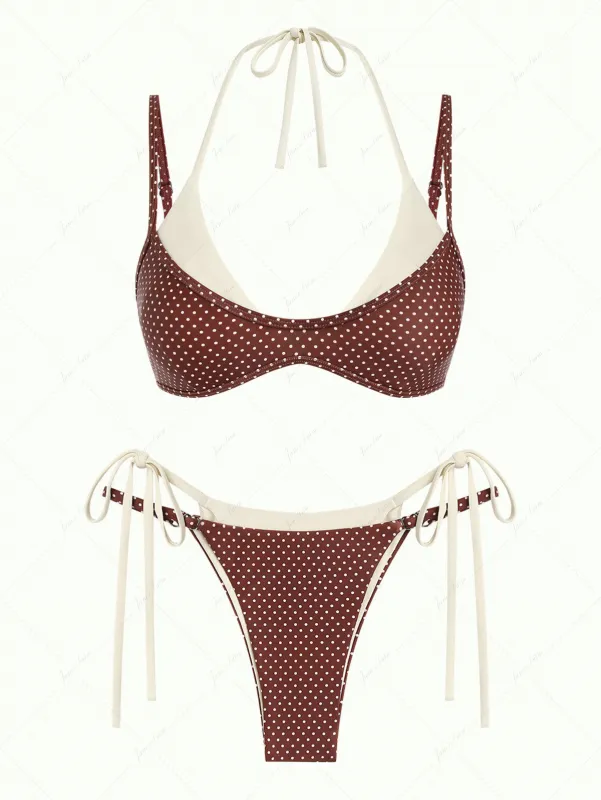 Janex Brown Polka Dot Print Tie Side Double Layer Bikini Set made by Seamolly