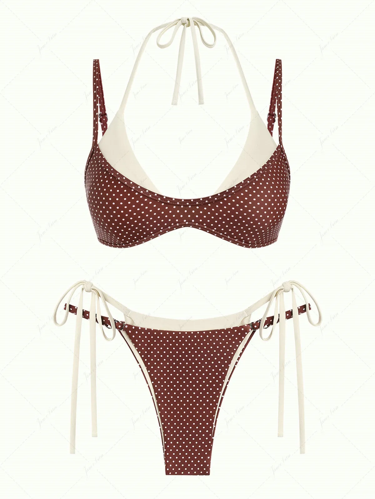 Janex Brown Polka Dot Print Tie Side Double Layer Bikini Set sold by Seamolly