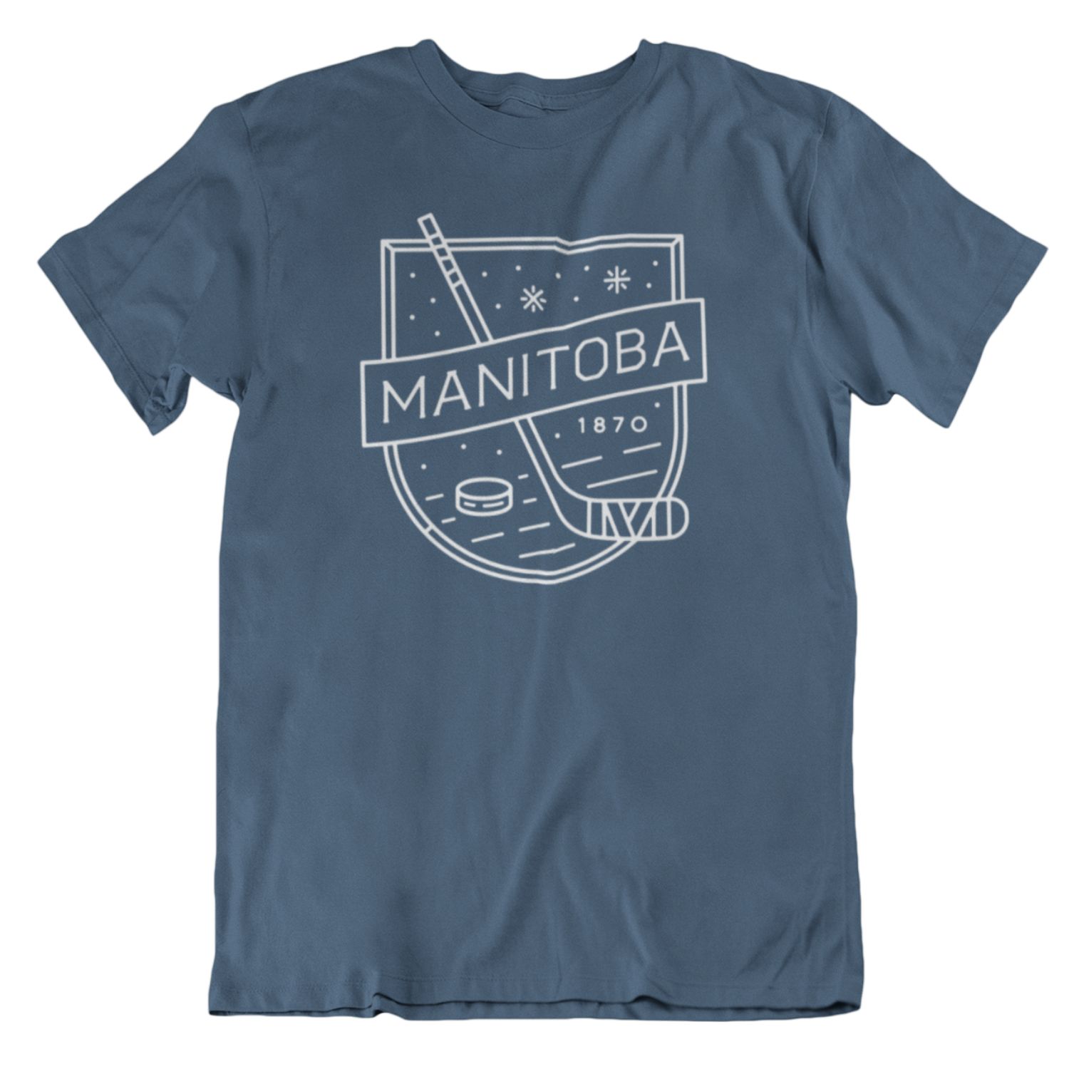 MB Hockey Tee | White on Indigo sold by We Heart Winnipeg