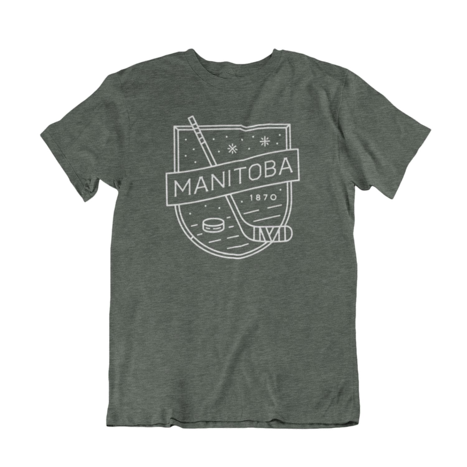MB Hockey Tee | White on Heather Forest sold by We Heart Winnipeg