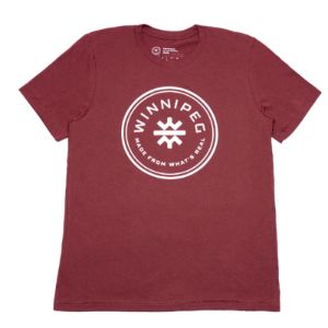 WHW x Tourism Winnipeg Tee | White on Heather Cardinal sold by We Heart Winnipeg