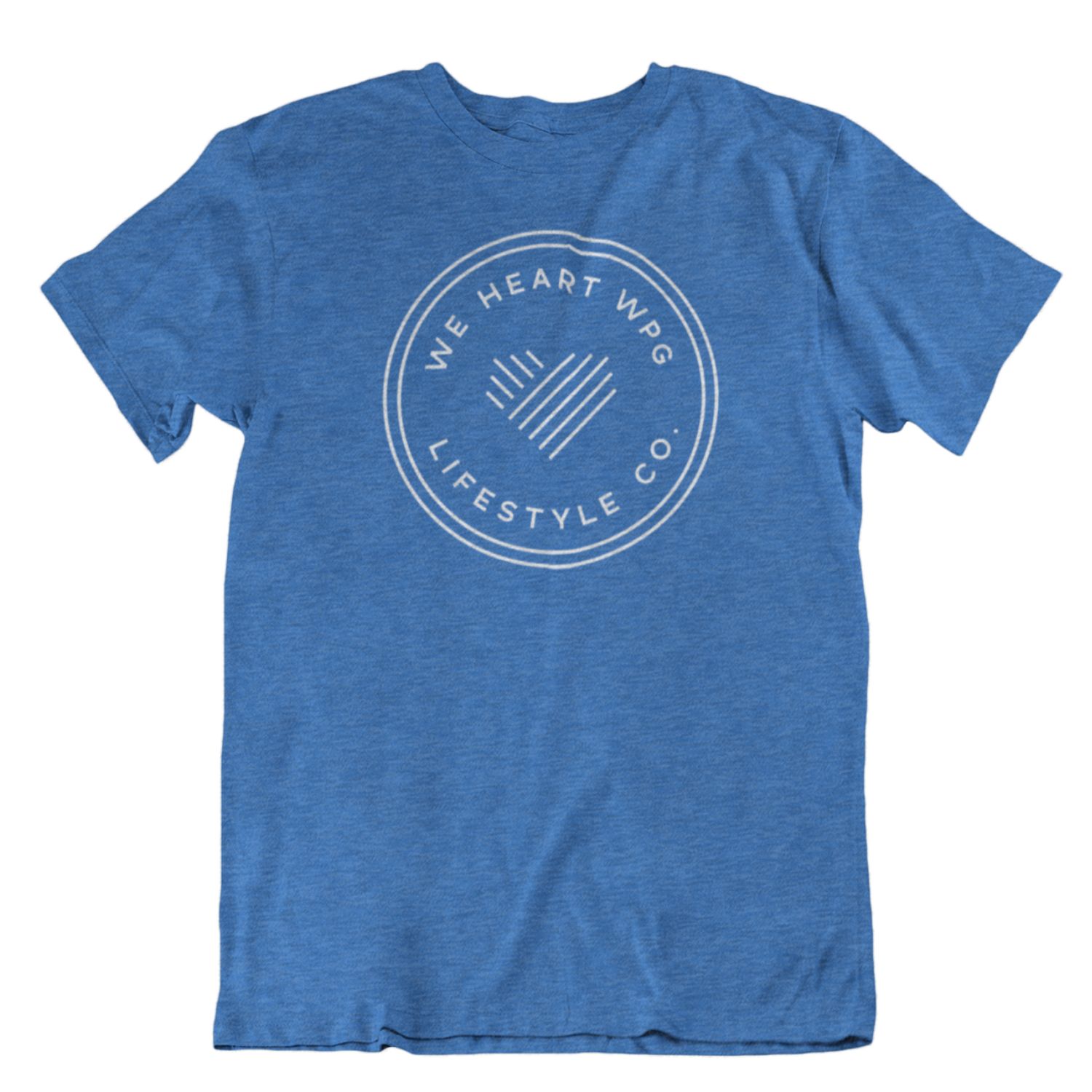 WHW Lifestyle Tee | White on Heather Royal sold by We Heart Winnipeg