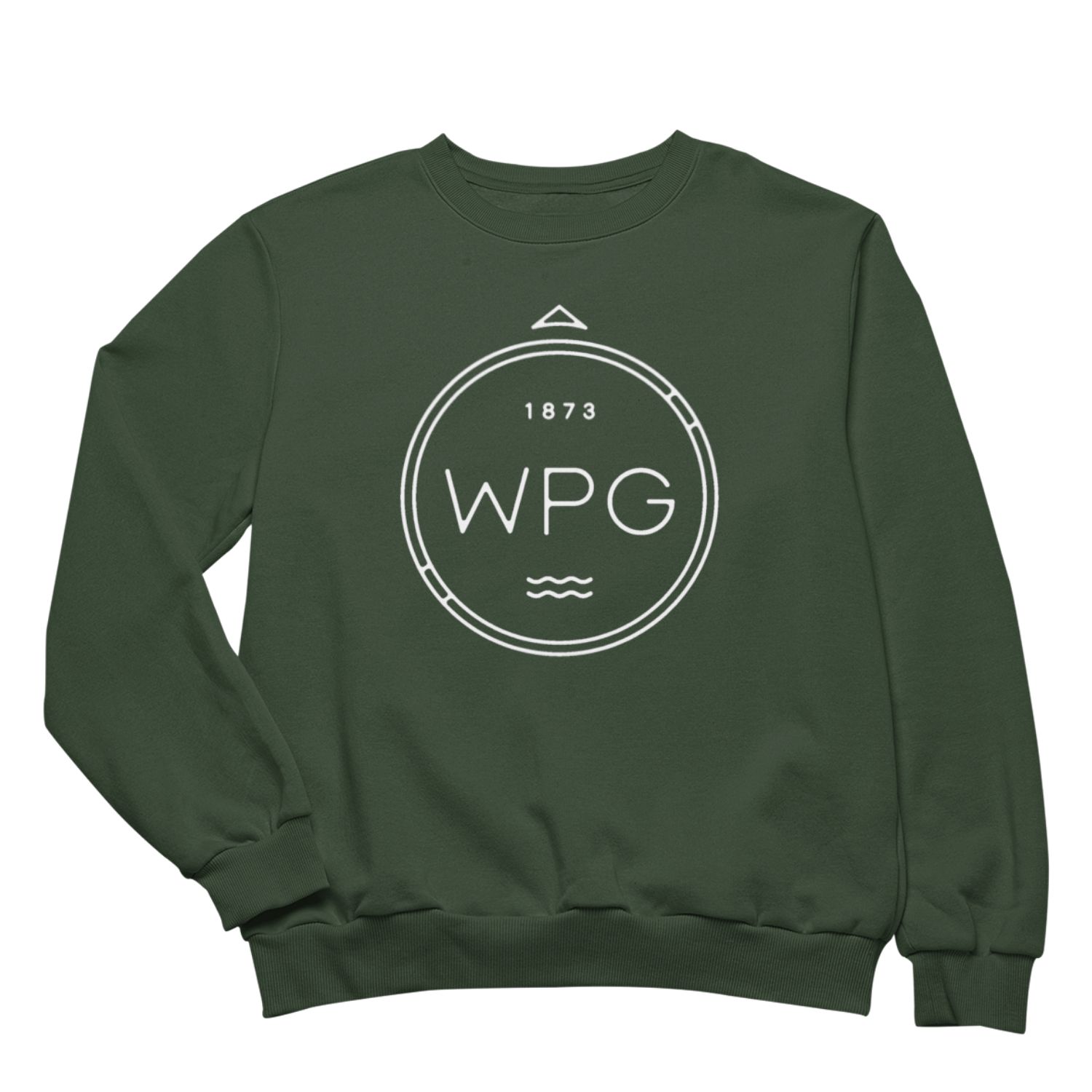 WPG Compass Crewneck | White on Forest Green sold by We Heart Winnipeg