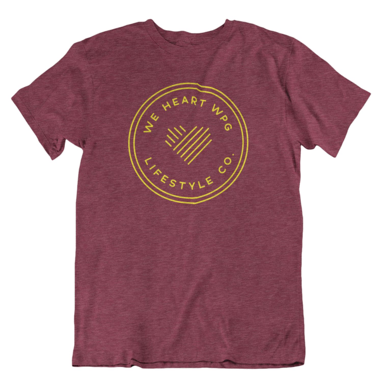 WHW Lifestyle Tee | Yellow on Heather Cardinal sold by We Heart Winnipeg