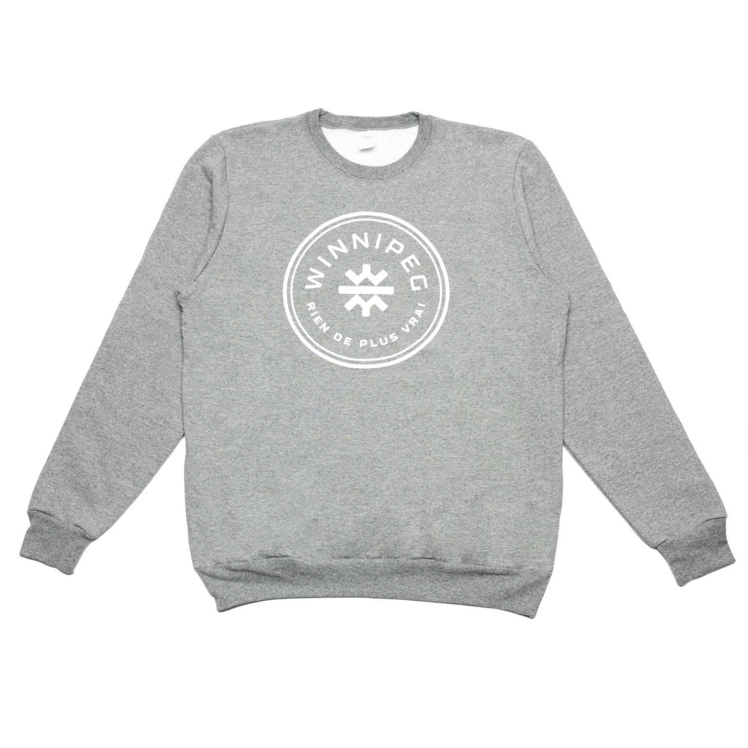 WHW x Tourism Winnipeg Crewneck | White on Athletic Grey (French) sold by We Heart Winnipeg