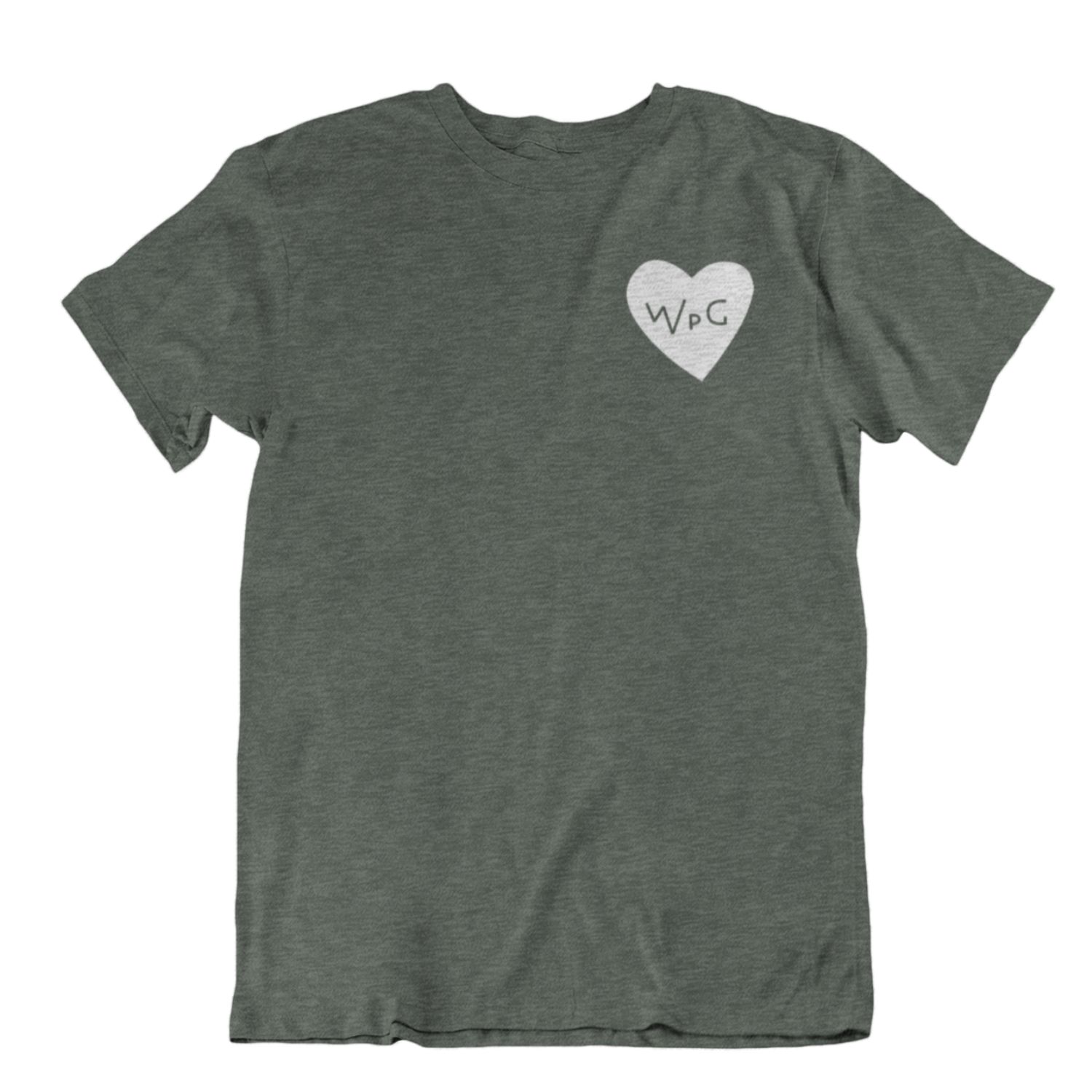 WPG Heart Tee | White on Heather Forest sold by We Heart Winnipeg
