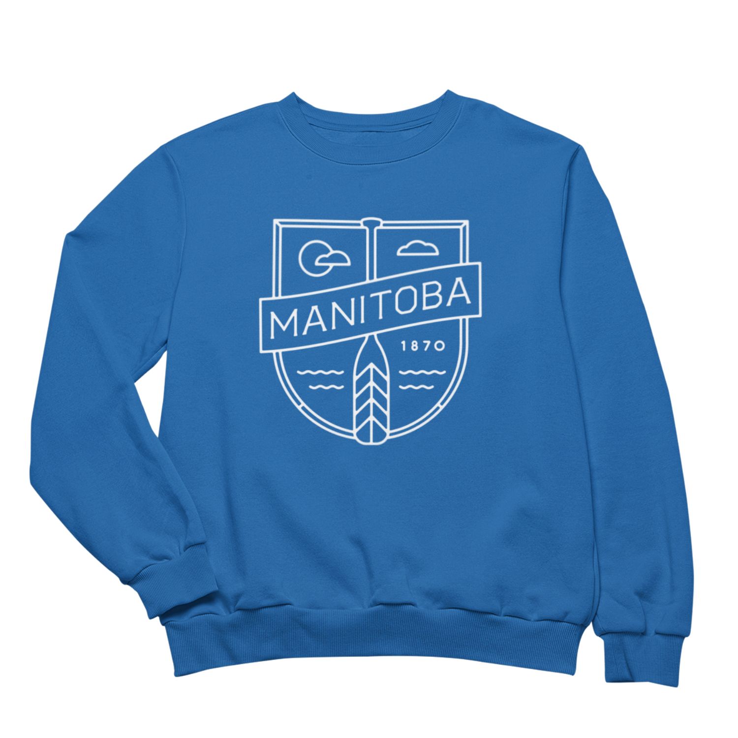 MB Cottage Crewneck | White on Royal sold by We Heart Winnipeg