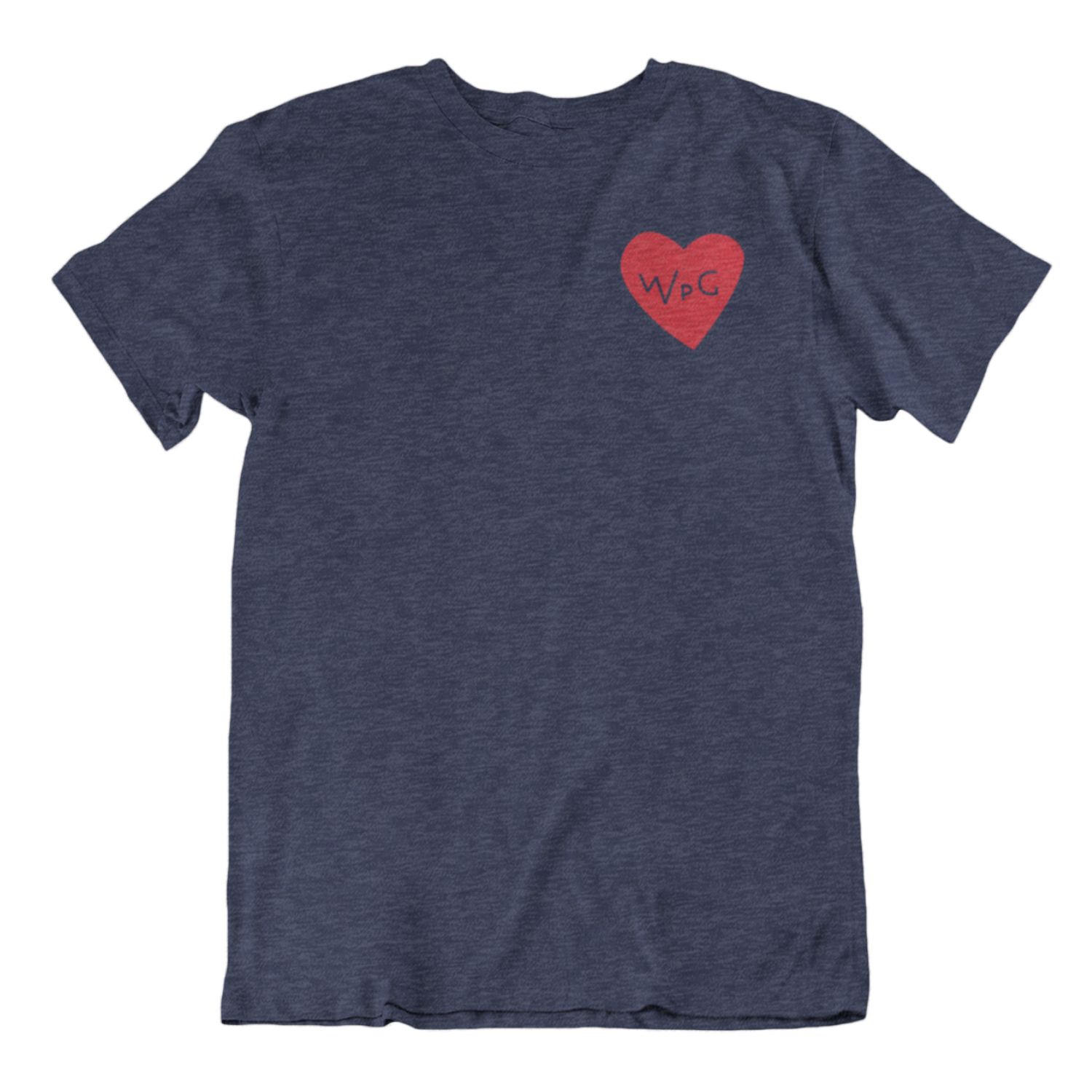 WPG Heart Tee | Red on Heather Navy sold by We Heart Winnipeg
