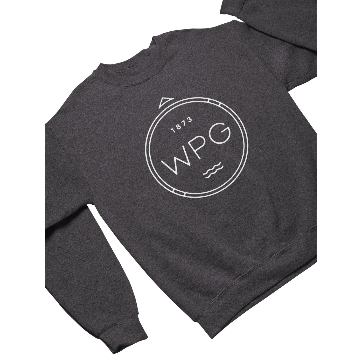 WPG Compass Crewneck | White on Heather Charcoal sold by We Heart Winnipeg