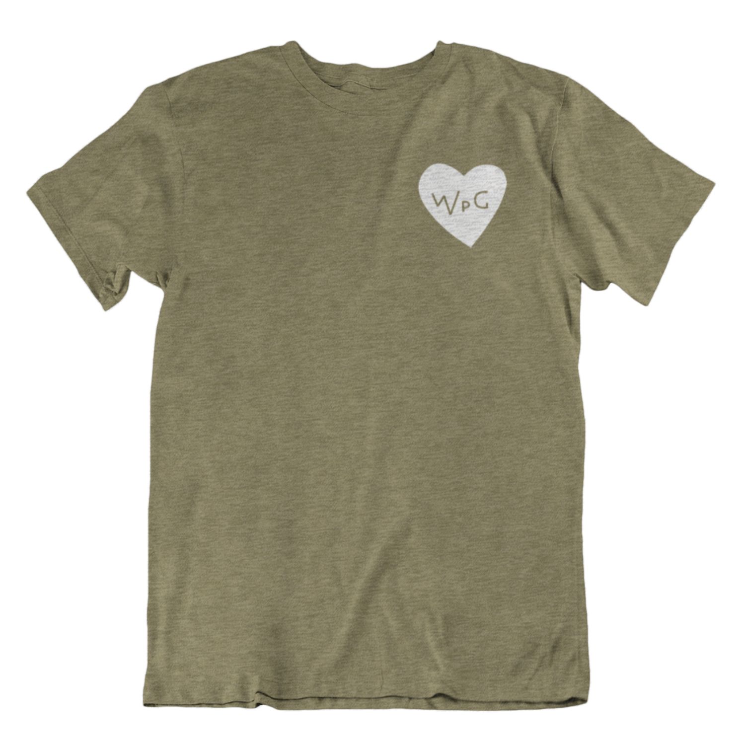 WPG Heart Tee | White on Heather Olive sold by We Heart Winnipeg