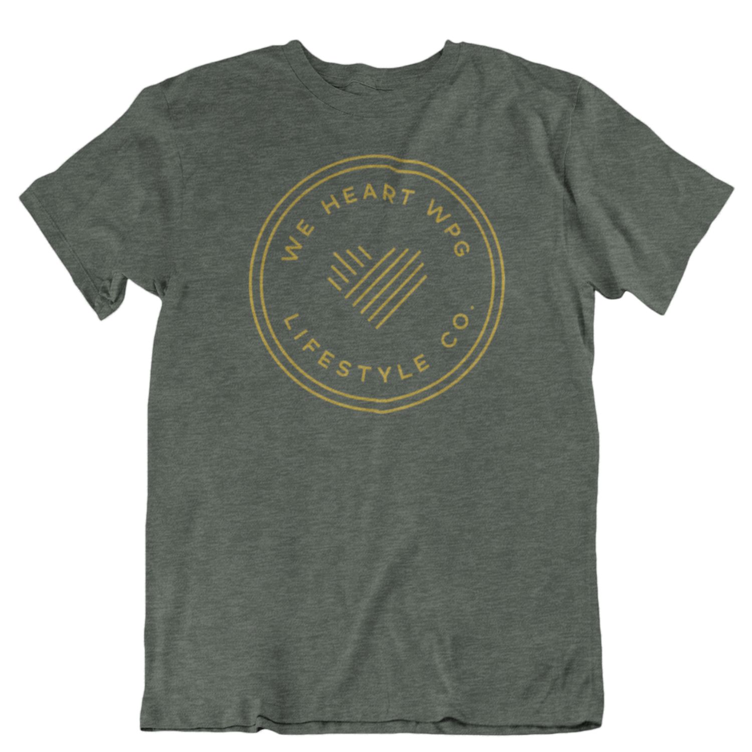 WHW Lifestyle Tee | Gold on Heather Forest sold by We Heart Winnipeg