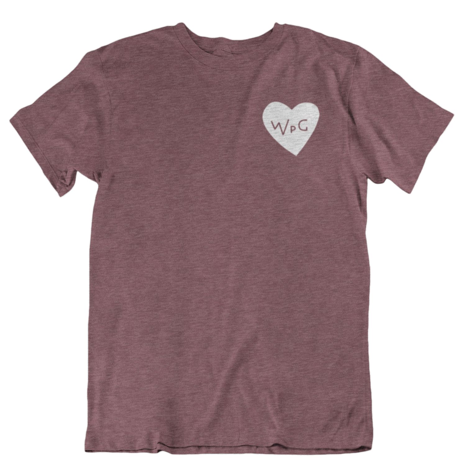 WPG Heart Tee | White on Heather Maroon sold by We Heart Winnipeg