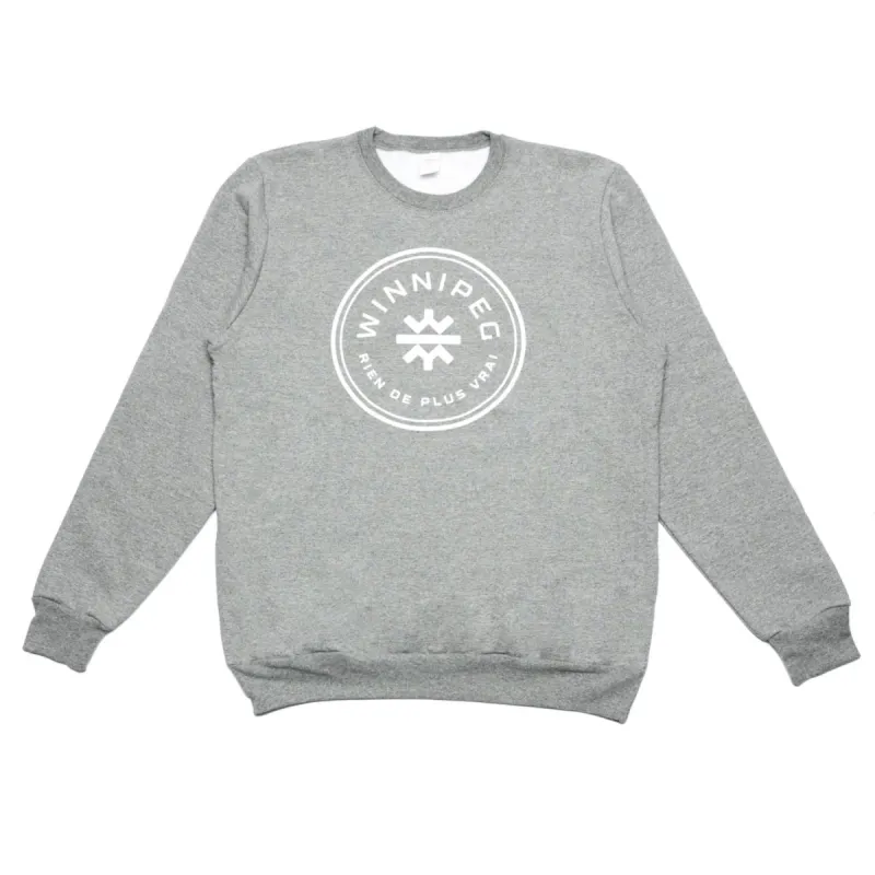 WHW x Tourism Winnipeg Crewneck | White on Athletic Grey (French) sold by We Heart Winnipeg