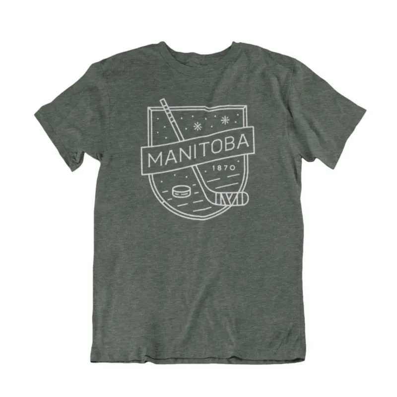 MB Hockey Tee | White on Heather Forest sold by We Heart Winnipeg