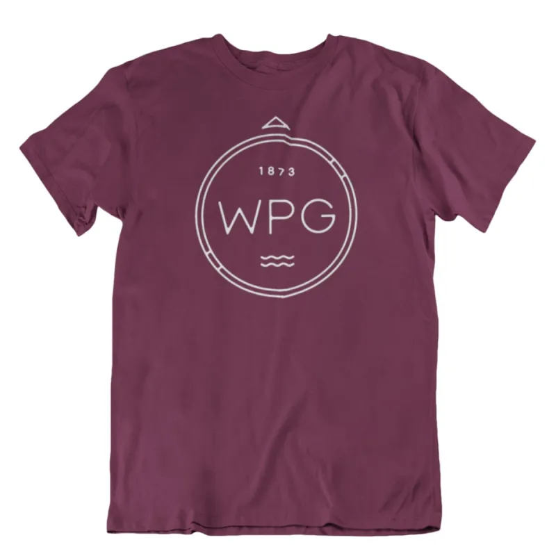 WPG Compass Tee | White on Maroon sold by We Heart Winnipeg