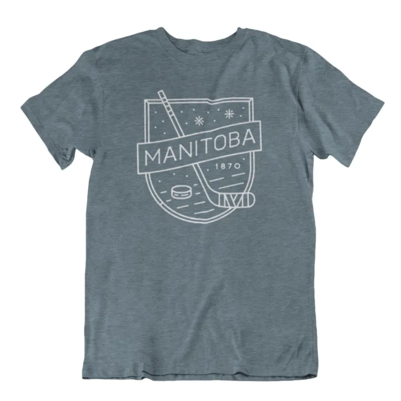 MB Hockey Tee | White on Heather Slate sold by We Heart Winnipeg