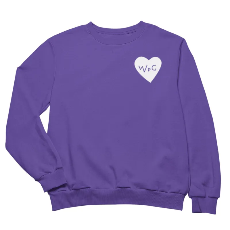 WPG Heart Crewneck | White on Purple sold by We Heart Winnipeg