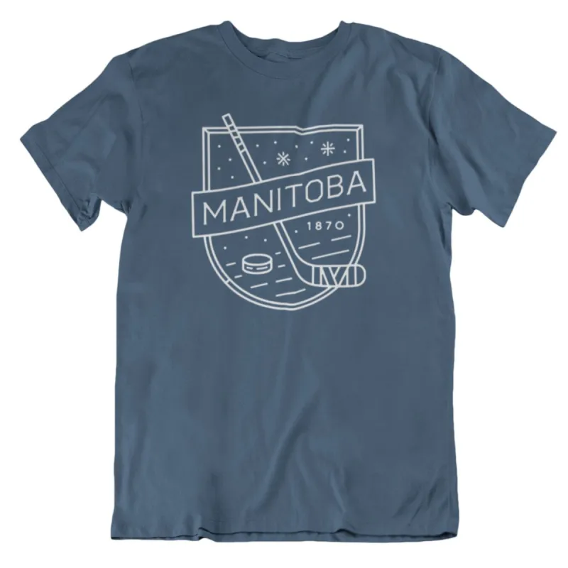 MB Hockey Tee | White on Indigo sold by We Heart Winnipeg