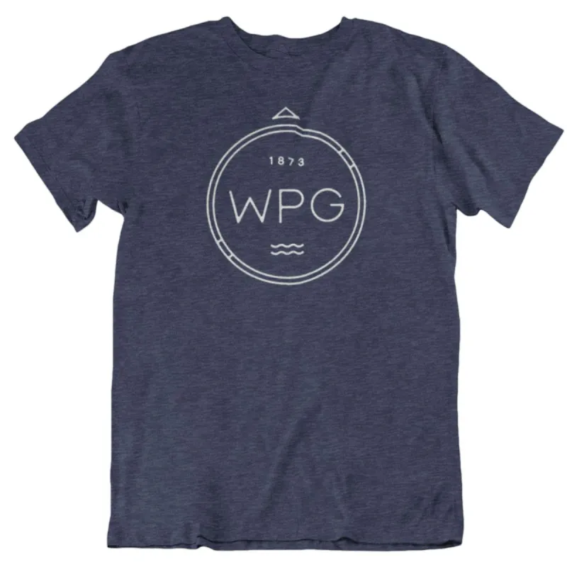 WPG Compass Tee | White on Heather Navy sold by We Heart Winnipeg
