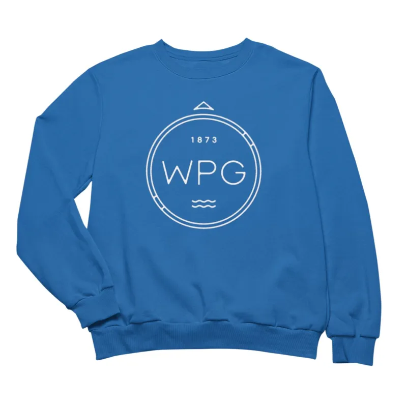 WPG Compass Crewneck | White on Royal sold by We Heart Winnipeg
