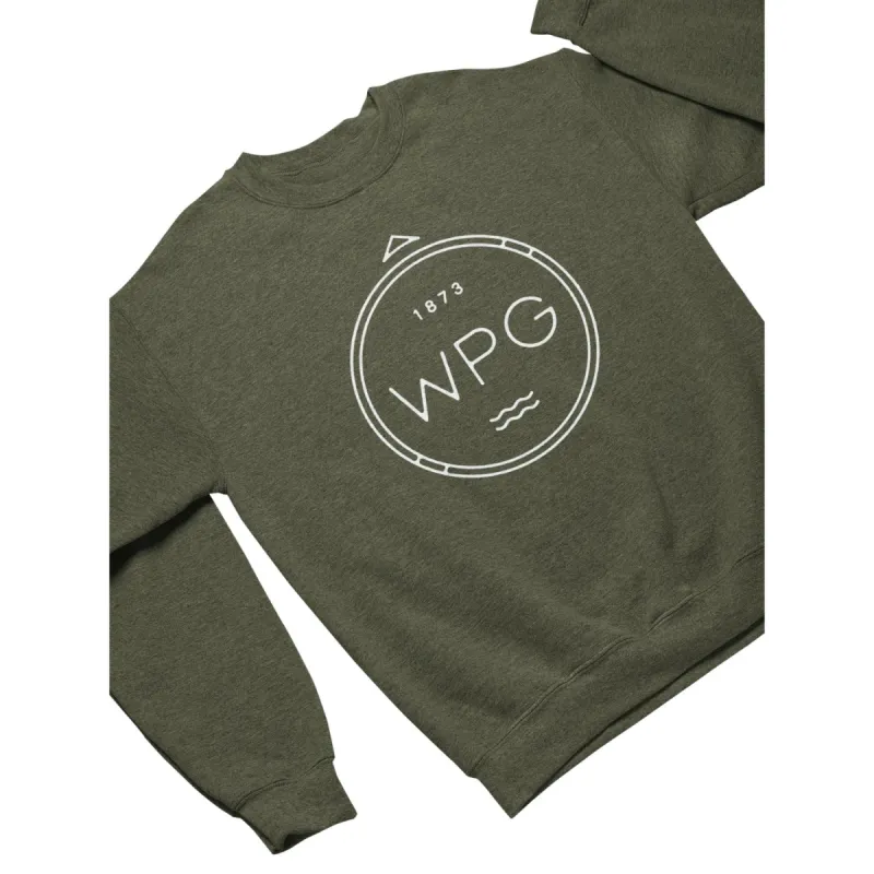 WPG Compass Crewneck | White on Heather Army sold by We Heart Winnipeg