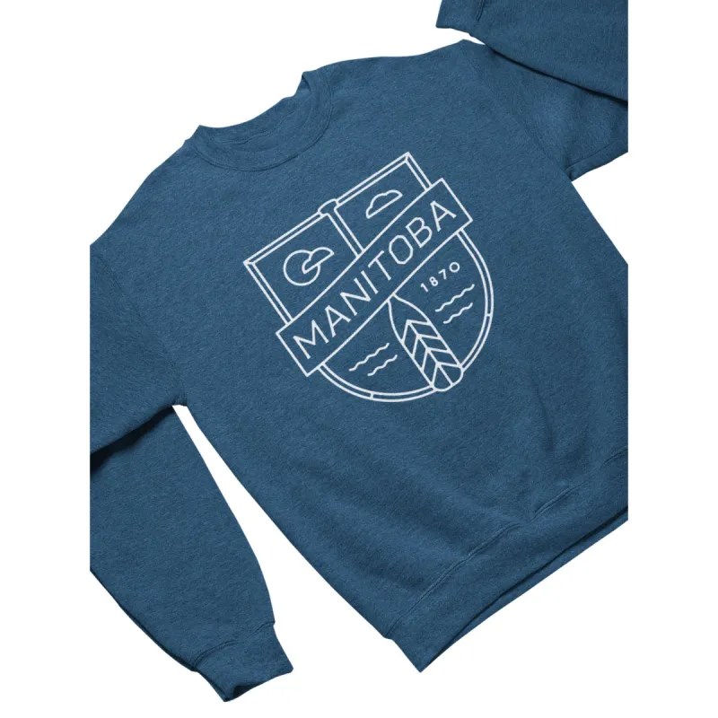 MB Cottage Crewneck | White on Heather Royal sold by We Heart Winnipeg