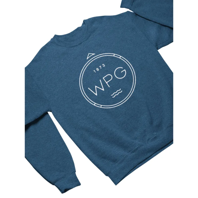WPG Compass Crewneck | White on Heather Royal sold by We Heart Winnipeg