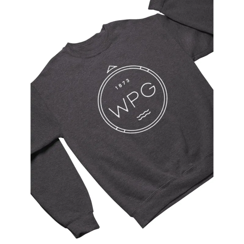 WPG Compass Crewneck | White on Heather Charcoal sold by We Heart Winnipeg