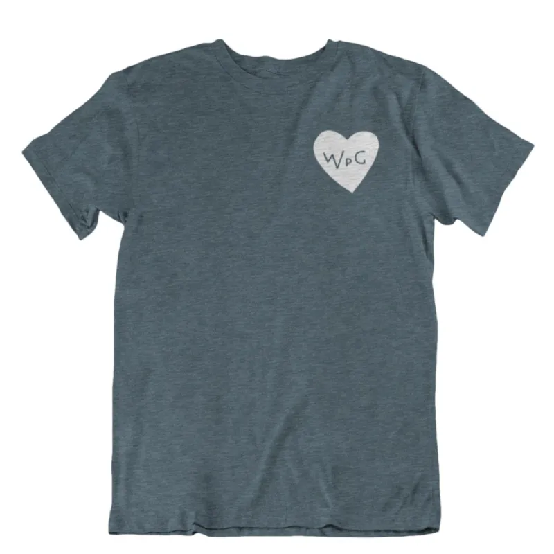WPG Heart Tee | White on Heather Slate sold by We Heart Winnipeg