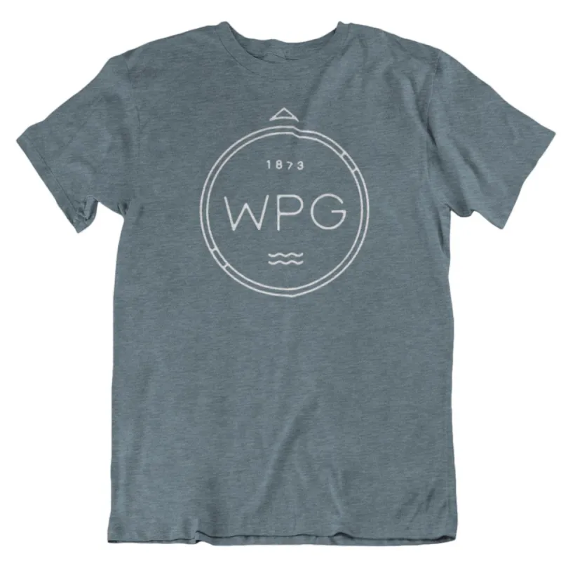 WPG Compass Tee | White on Heather Slate sold by We Heart Winnipeg