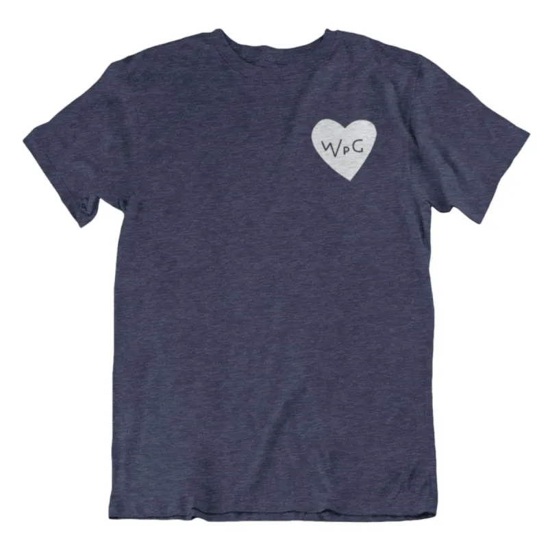WPG Heart Tee | White on Heather Navy sold by We Heart Winnipeg