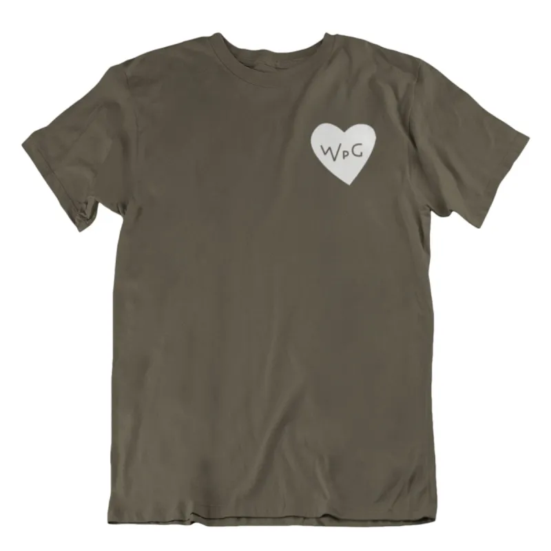 WPG Heart Tee | White on Military Green sold by We Heart Winnipeg