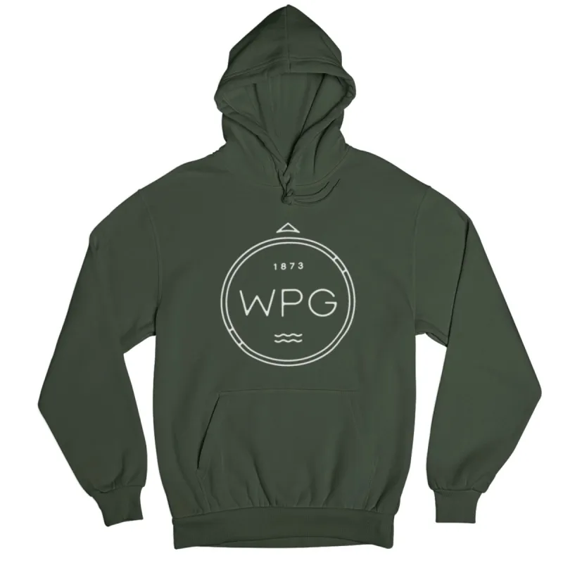 WPG Compass Hoodie | White on Forest Green sold by We Heart Winnipeg