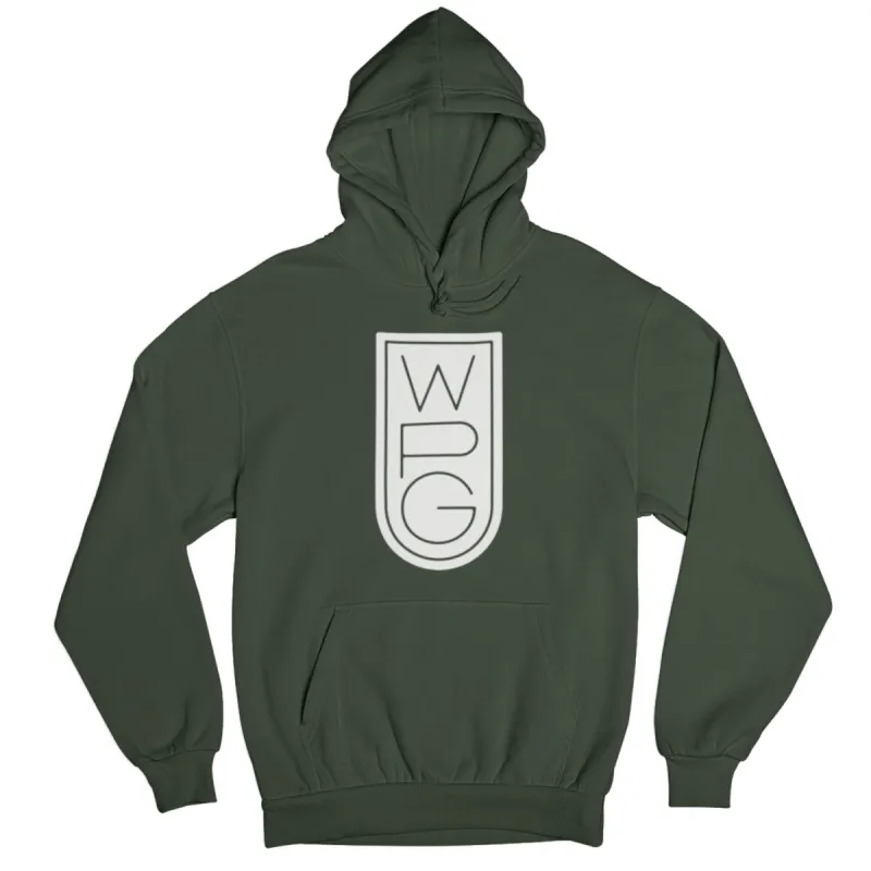 WPG Crest Hoodie | White on Forest Green sold by We Heart Winnipeg