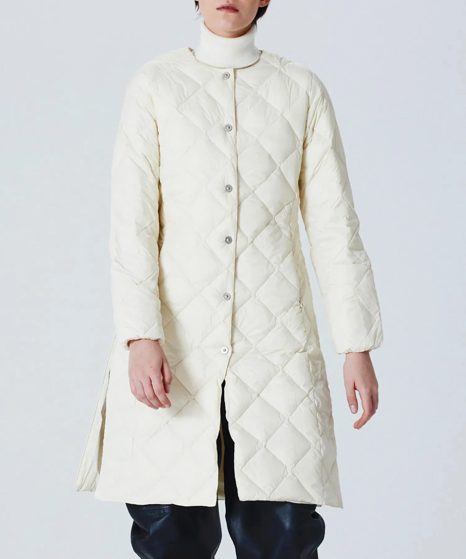 City Single Snap Button Crew Neck Long Down Coat sold by Taion