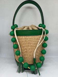 Borsa secchiello in rafia e pelle - Verde sold by Carro Positano