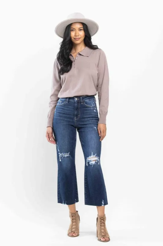 Judy Blue High Waist Knee Destroy Crop Wide Leg Jeans sold by The Dogwood Boutique