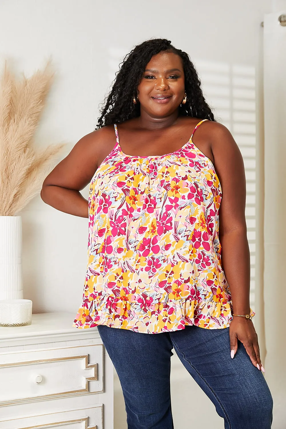 Double Take Floral Scoop Neck Ruffle Hem Cami sold by The Dogwood Boutique