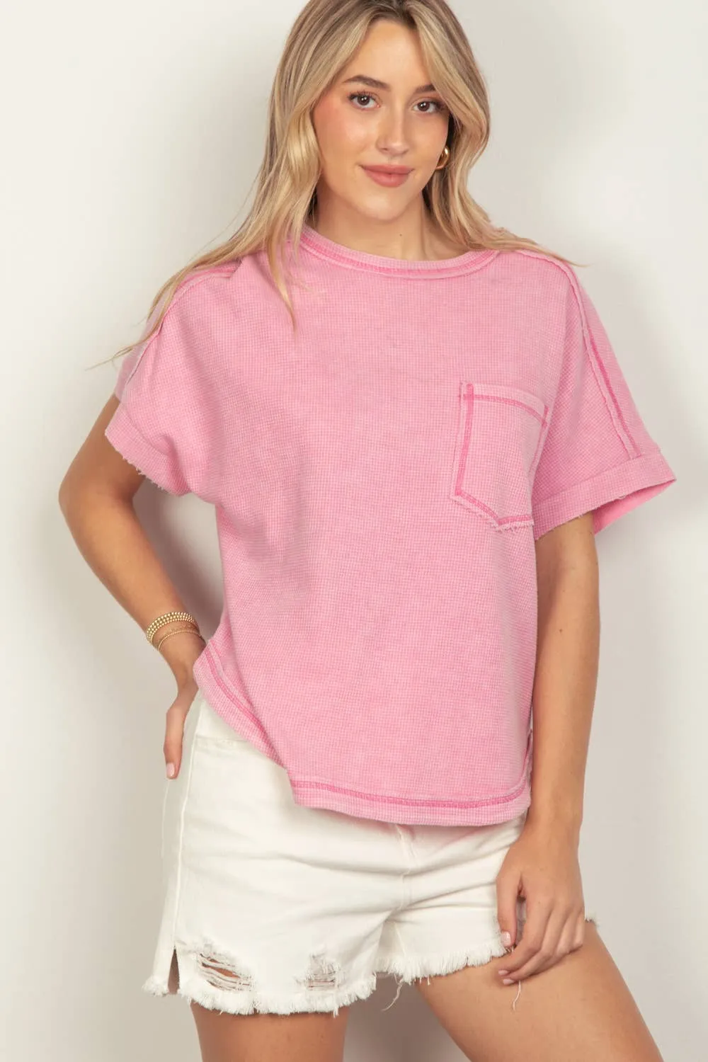 Pink Oversized Washed Waffle Casual Knit Top sold by The Dogwood Boutique