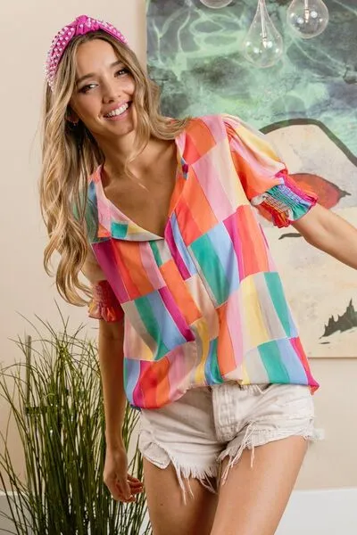 BiBi Color Block Smocked Short Sleeve Blouse sold by The Dogwood Boutique product image thumbnail 5