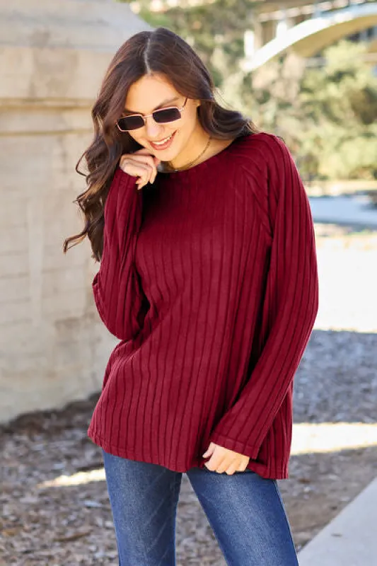 Basic Bae Full Size Ribbed Round Neck Long Sleeve Knit Top sold by The Dogwood Boutique