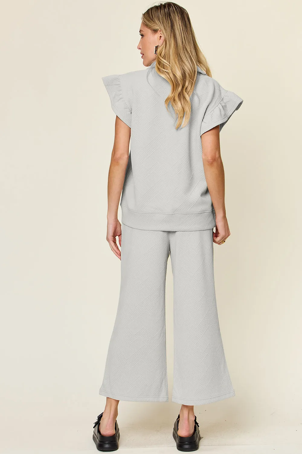 Double Take Texture Ruffle Short Sleeve Top and Drawstring Wide Leg Pants Set sold by The Dogwood Boutique product image thumbnail 3