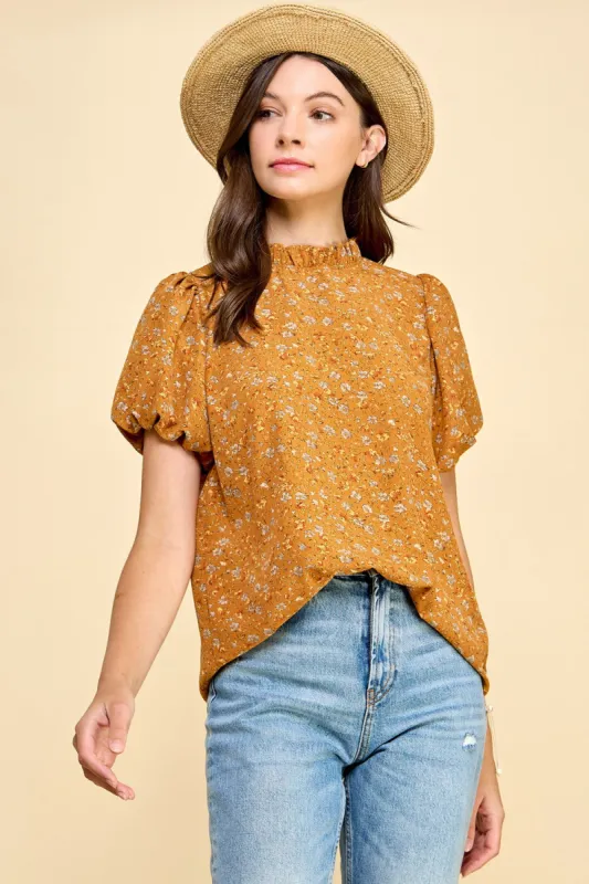 Mustard Floral Printed Top with Smocked Sleeves sold by The Dogwood Boutique