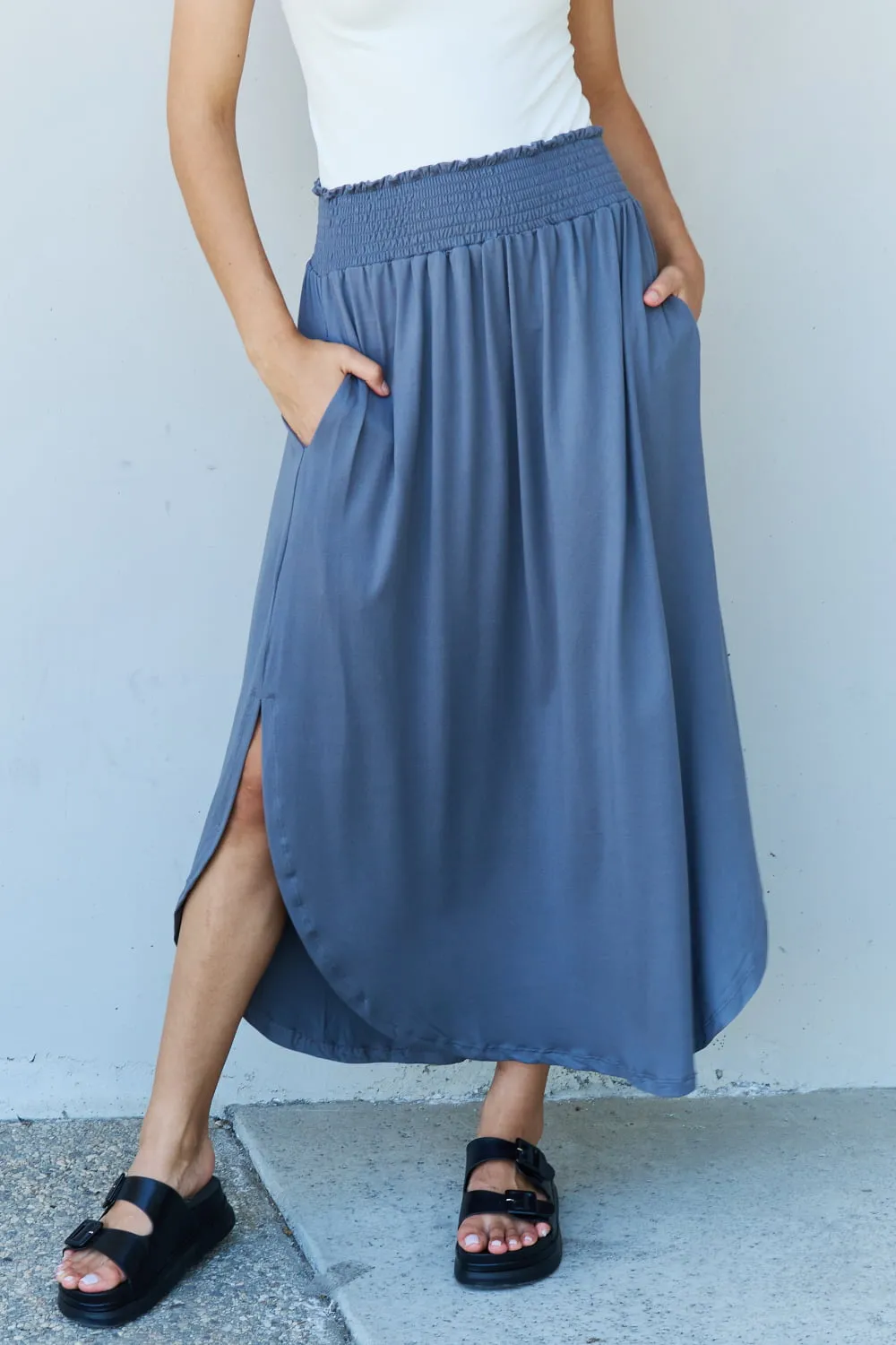 Doublju Comfort Princess Full Size High Waist Scoop Hem Maxi Skirt in Dusty Blue sold by The Dogwood Boutique