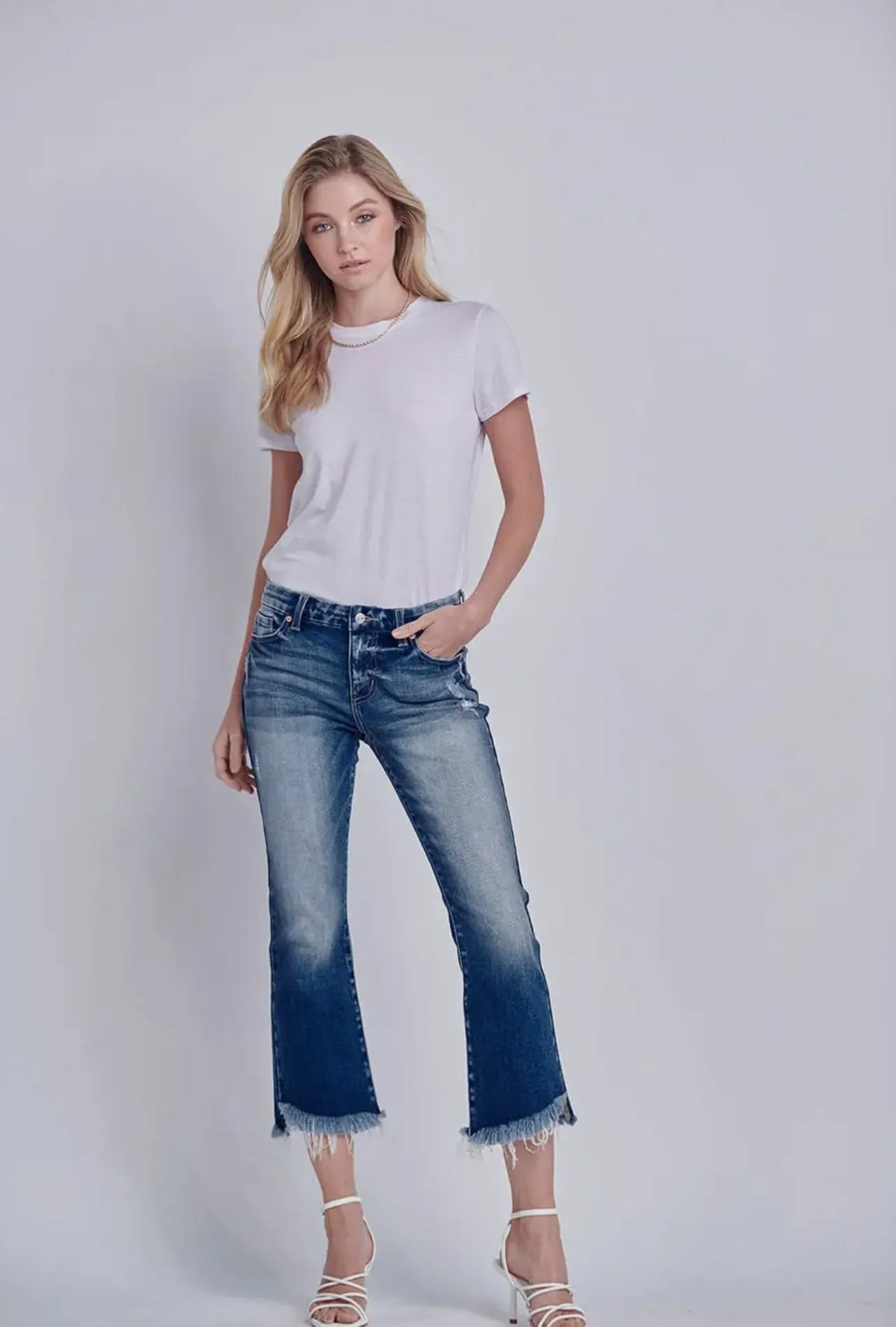 High Rise Stretch Crop Flare with Fray Hem Jeans (Artemis Vintage) sold by The Dogwood Boutique