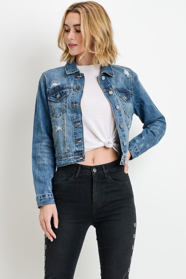 Distressed Denim Jacket sold by The Dogwood Boutique